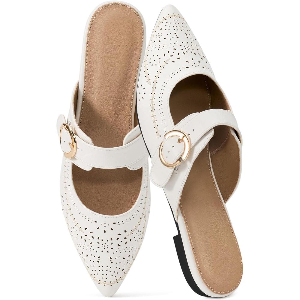 imageEcetana Womens Mules Flats Shoes 2025 Dressy Closed Pointed Toe Backless Loafers Buckle Slip on Shoes for BusinessWhite