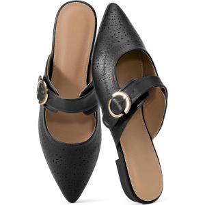 Ecetana Womens Mules Flats Shoes: 2025 Dressy Closed Pointed Toe Backless Loafers Buckle Slip on Shoes for Business(Black)