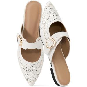 Ecetana Womens Mules Flats Shoes: 2025 Dressy Closed Pointed Toe Backless Loafers Buckle Slip on Shoes for Business(White)