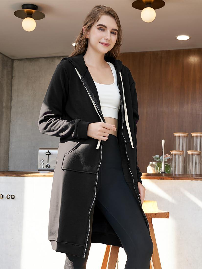 imageDUOYANGJIASHA Womens Hoodies 2025 Zip Up Sweatshirts Oversized Fashion Long Hooded Fall Winter Fleece Jackets with PocketsBlack