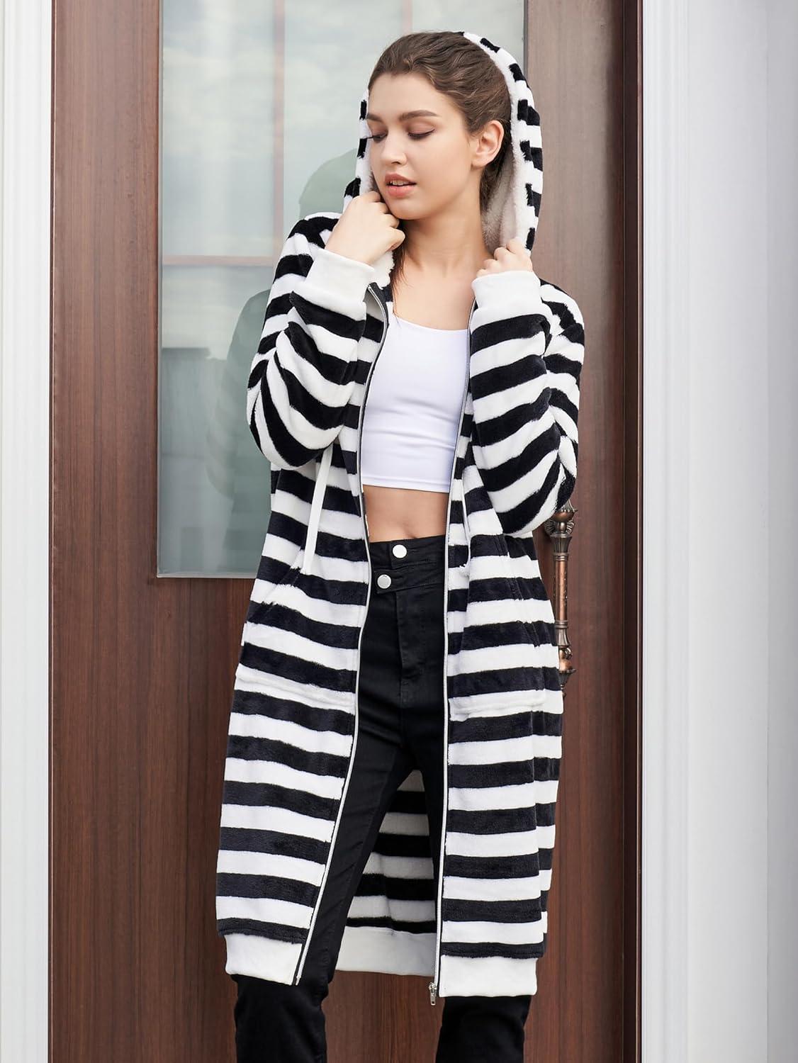 imageDUOYANGJIASHA Womens Hoodies 2025 Zip Up Sweatshirts Oversized Fashion Long Hooded Fall Winter Fleece Jackets with PocketsBlack White