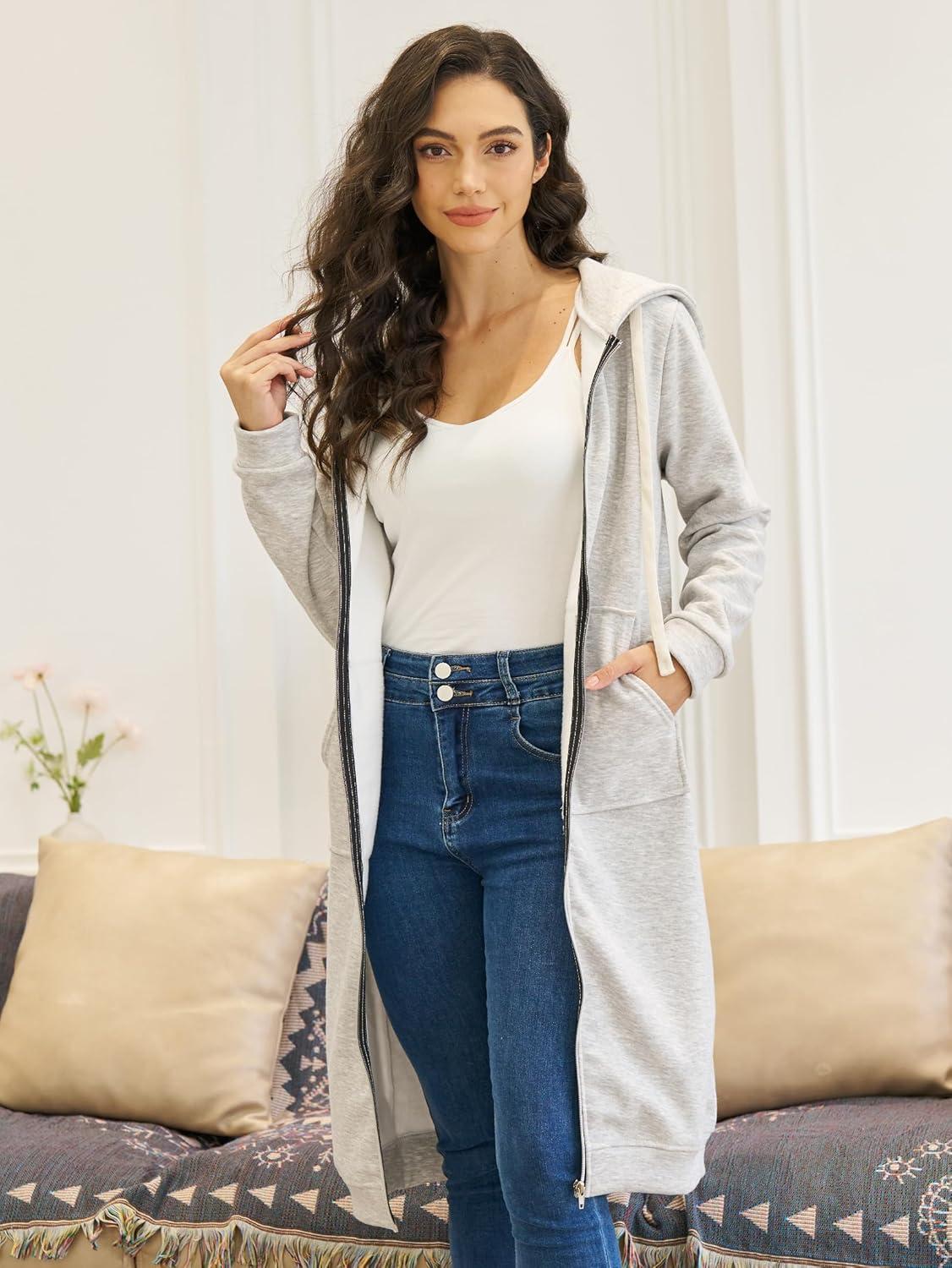 imageDUOYANGJIASHA Womens Hoodies 2025 Zip Up Sweatshirts Oversized Fashion Long Hooded Fall Winter Fleece Jackets with PocketsGrey