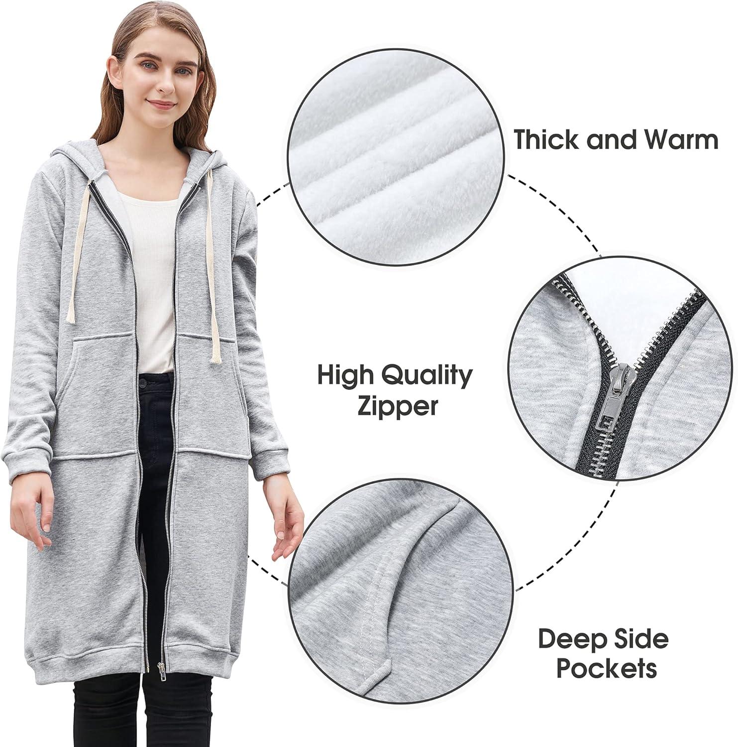 imageDUOYANGJIASHA Womens Hoodies 2025 Zip Up Sweatshirts Oversized Fashion Long Hooded Fall Winter Fleece Jackets with PocketsGrey