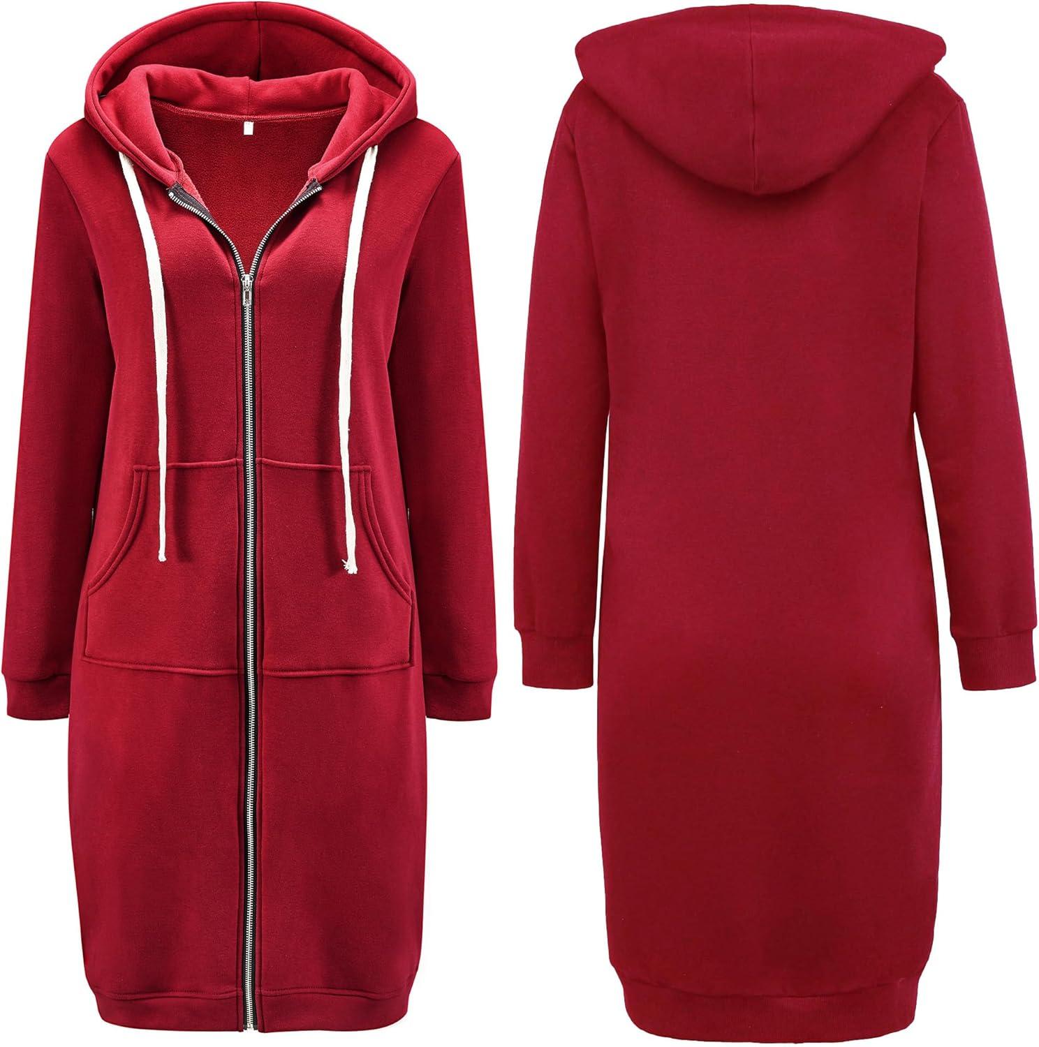 imageDUOYANGJIASHA Womens Hoodies 2025 Zip Up Sweatshirts Oversized Fashion Long Hooded Fall Winter Fleece Jackets with PocketsRed