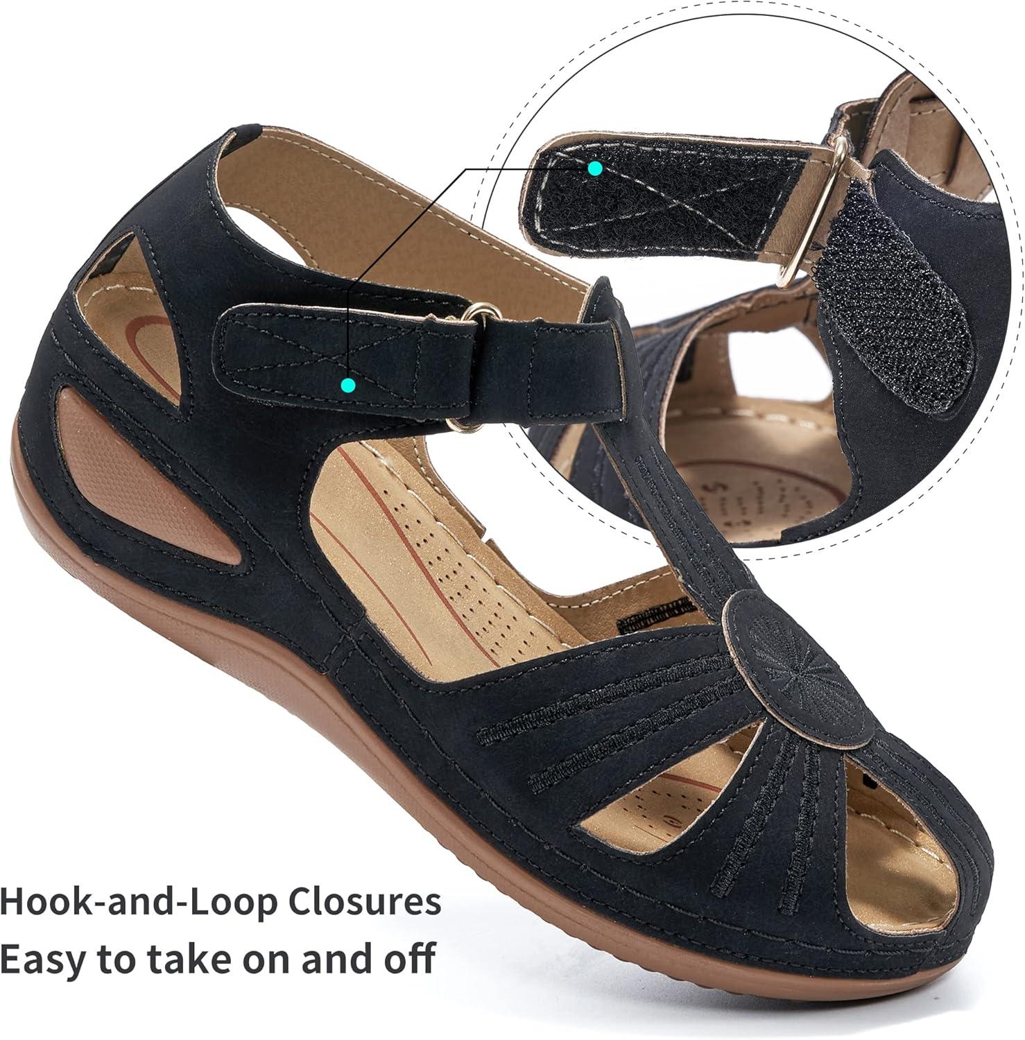imageDUOYANGJIASHA Womens Sandals Dressy Summer Beach Bohemia Ankle Strap Causal Comfortable Closed Toe Wedge Shoes for OutdoorBlack