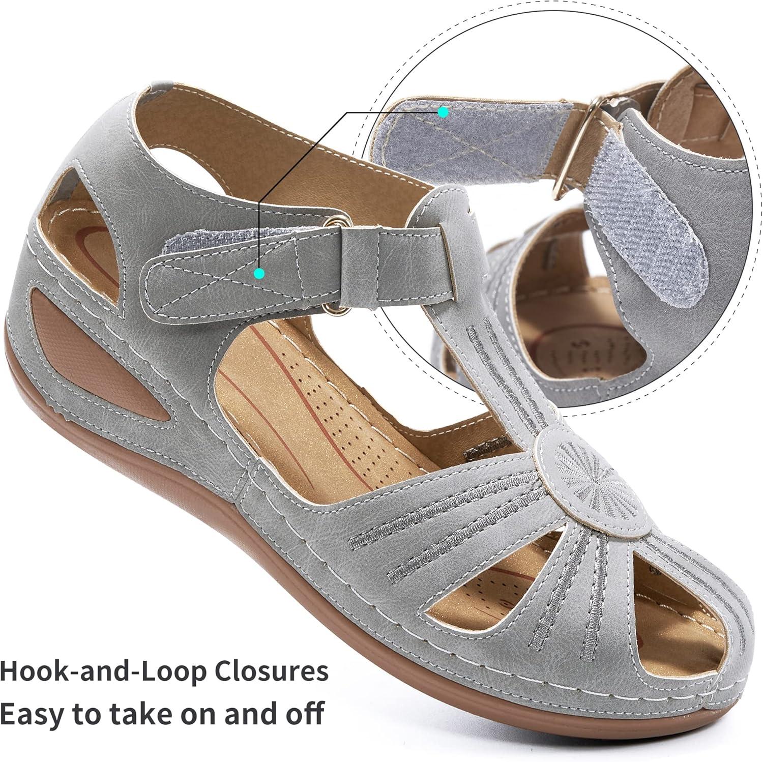 imageDUOYANGJIASHA Womens Sandals Dressy Summer Beach Bohemia Ankle Strap Causal Comfortable Closed Toe Wedge Shoes for OutdoorGrey