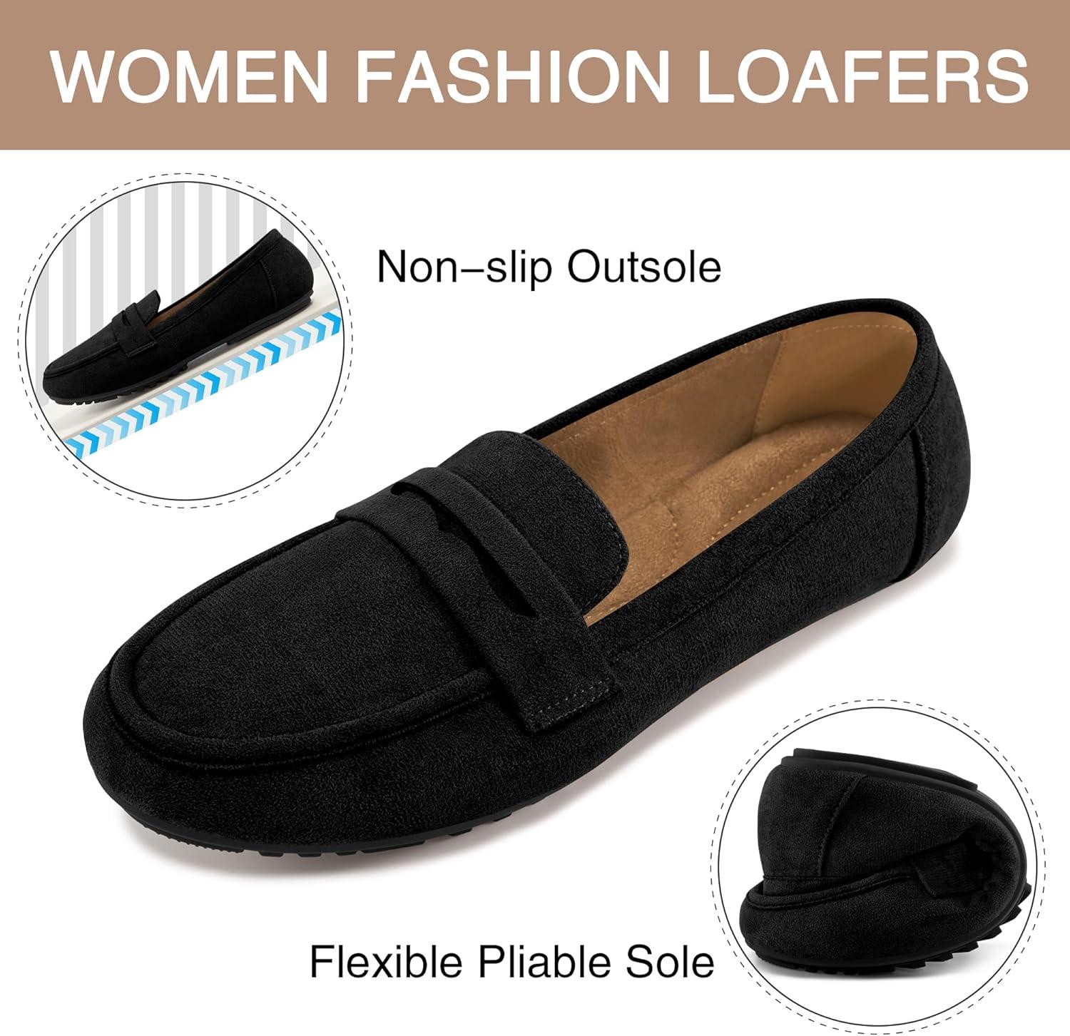 imageEcetana Women Loafers Comfortable Shoes Casual Slip on Penny Moccasins Flats for Walking Driving Business SuedeBlack