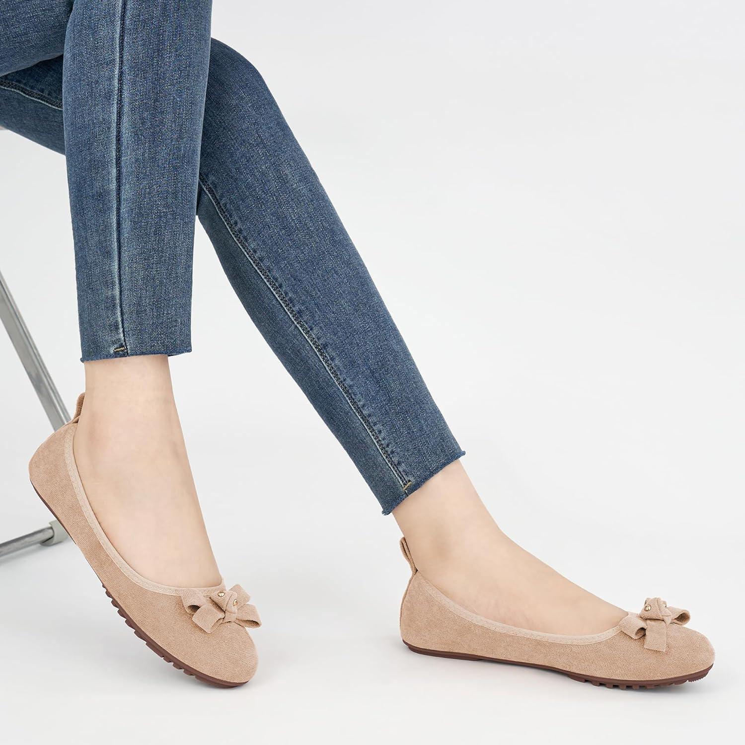 imageEcetana Womens Ballet Flats Shoes 2025 Dressy Round Toe Foldable Flats Bow Comfortable Faux Suede Slip on LoafersApricot