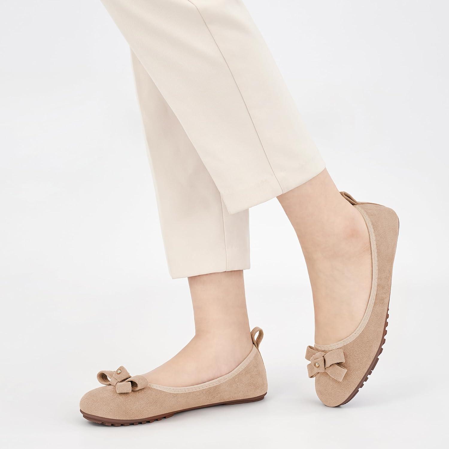 imageEcetana Womens Ballet Flats Shoes 2025 Dressy Round Toe Foldable Flats Bow Comfortable Faux Suede Slip on LoafersApricot
