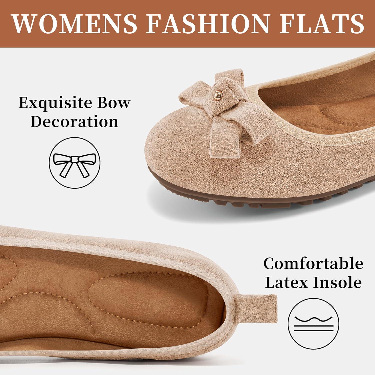 imageEcetana Womens Ballet Flats Shoes 2025 Dressy Round Toe Foldable Flats Bow Comfortable Faux Suede Slip on LoafersApricot
