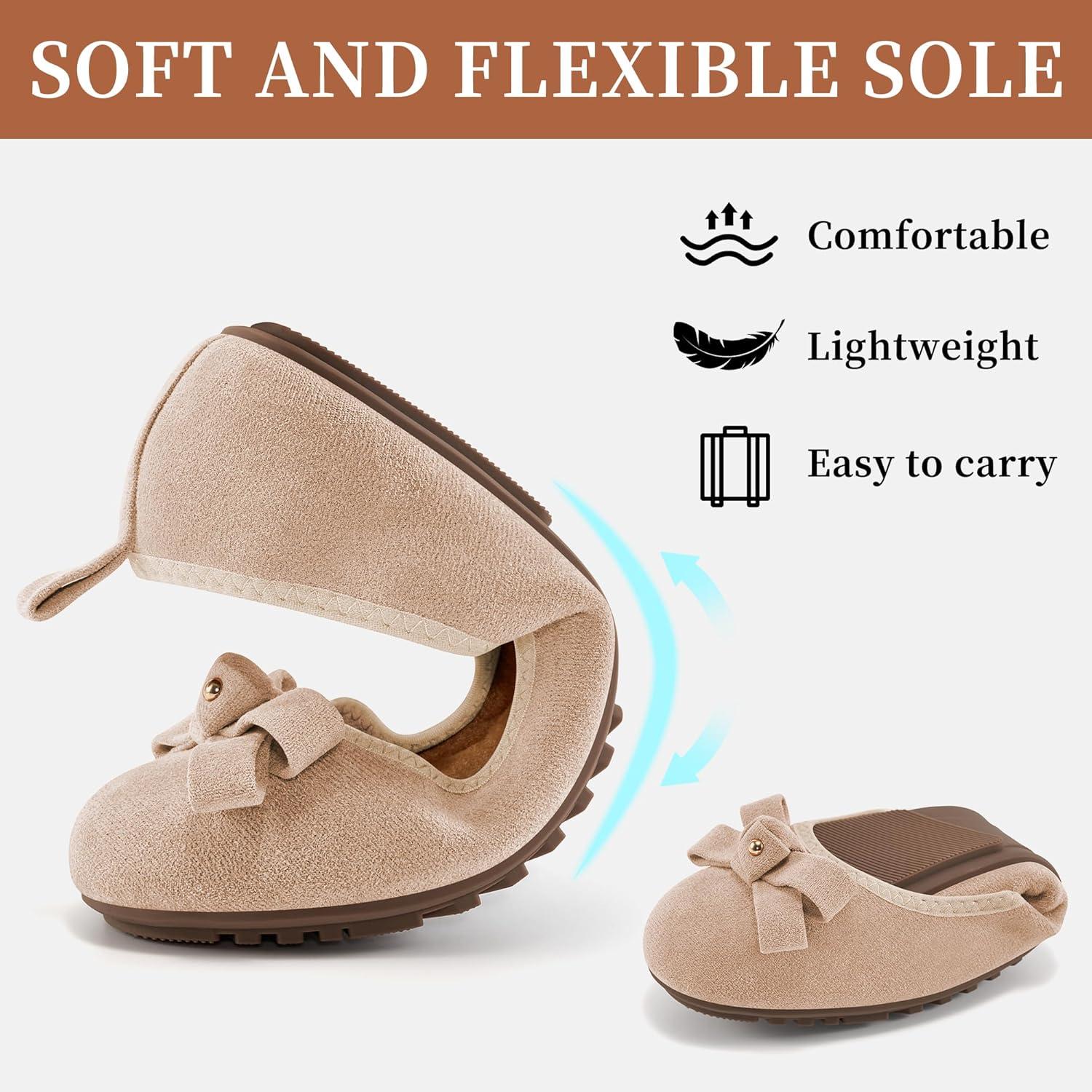 imageEcetana Womens Ballet Flats Shoes 2025 Dressy Round Toe Foldable Flats Bow Comfortable Faux Suede Slip on LoafersApricot