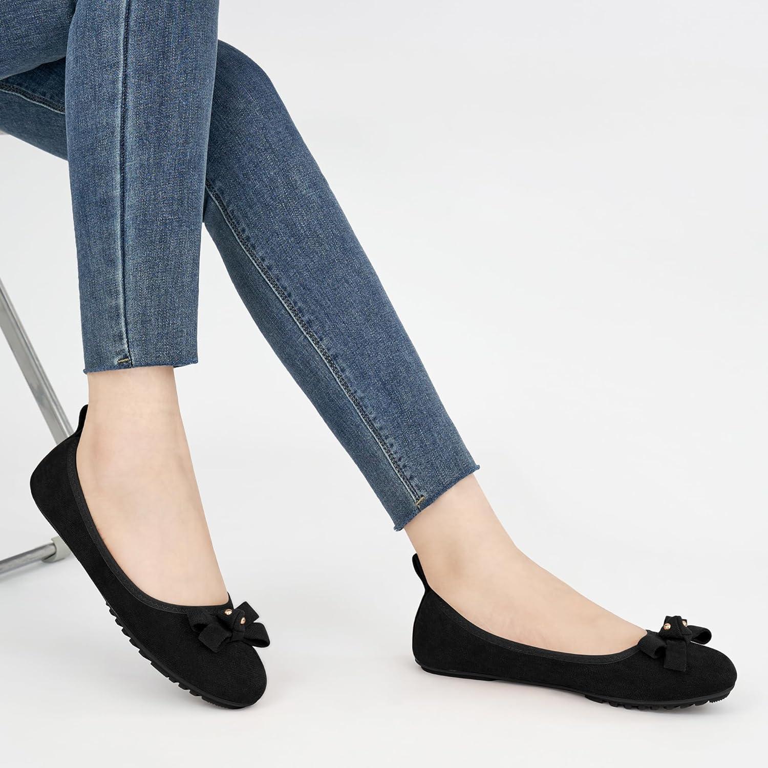 imageEcetana Womens Ballet Flats Shoes 2025 Dressy Round Toe Foldable Flats Bow Comfortable Faux Suede Slip on LoafersBlack