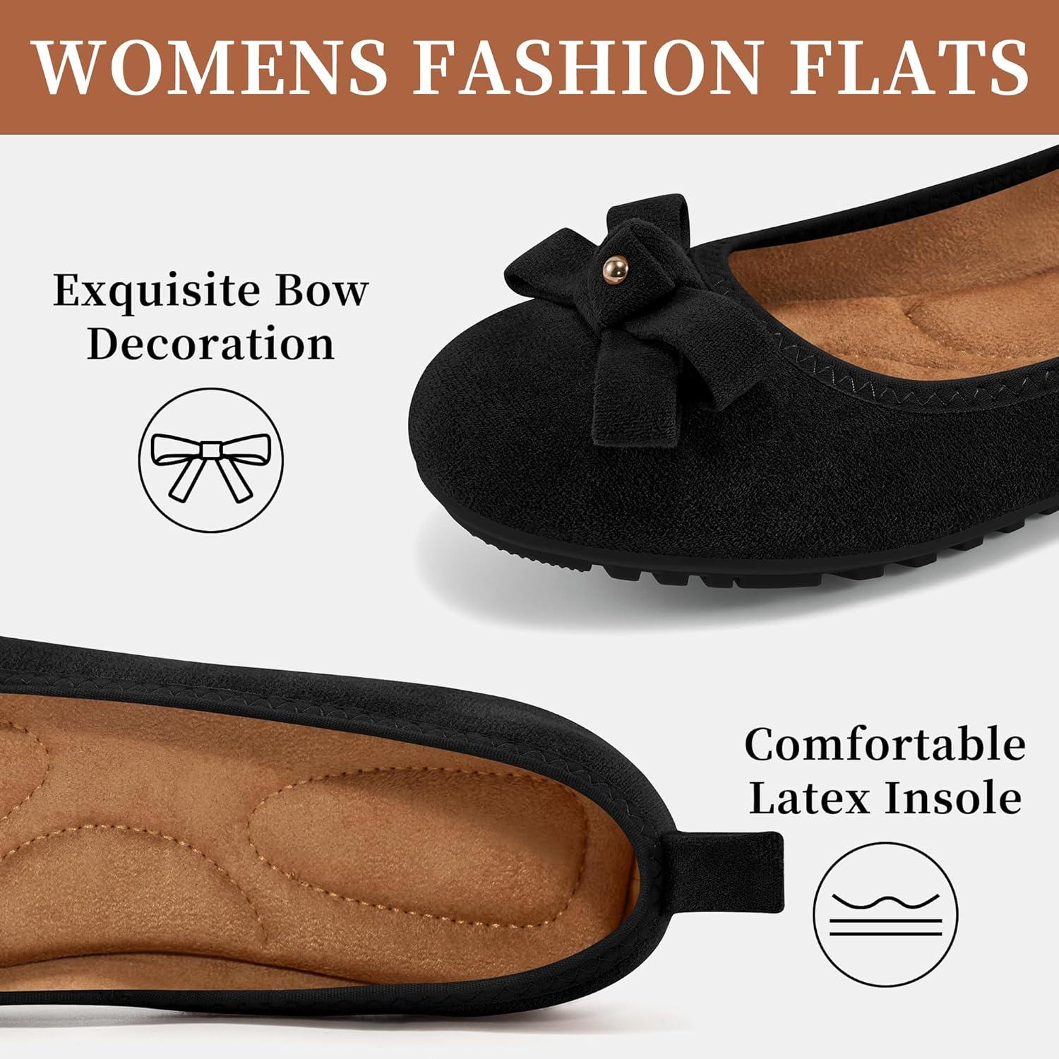 imageEcetana Womens Ballet Flats Shoes 2025 Dressy Round Toe Foldable Flats Bow Comfortable Faux Suede Slip on LoafersBlack