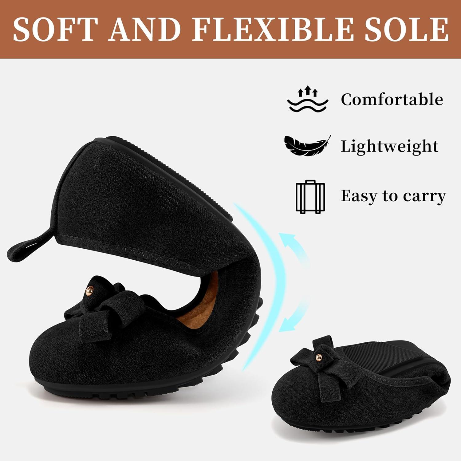 imageEcetana Womens Ballet Flats Shoes 2025 Dressy Round Toe Foldable Flats Bow Comfortable Faux Suede Slip on LoafersBlack
