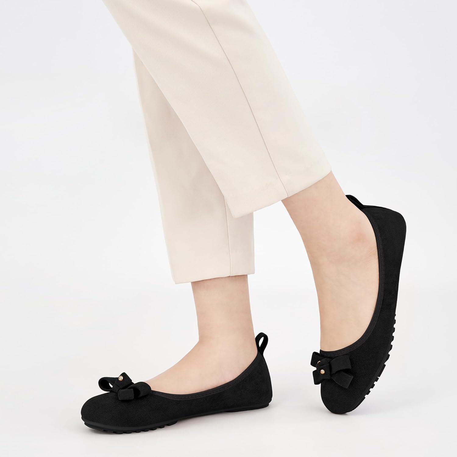 imageEcetana Womens Ballet Flats Shoes 2025 Dressy Round Toe Foldable Flats Bow Comfortable Faux Suede Slip on LoafersBlack
