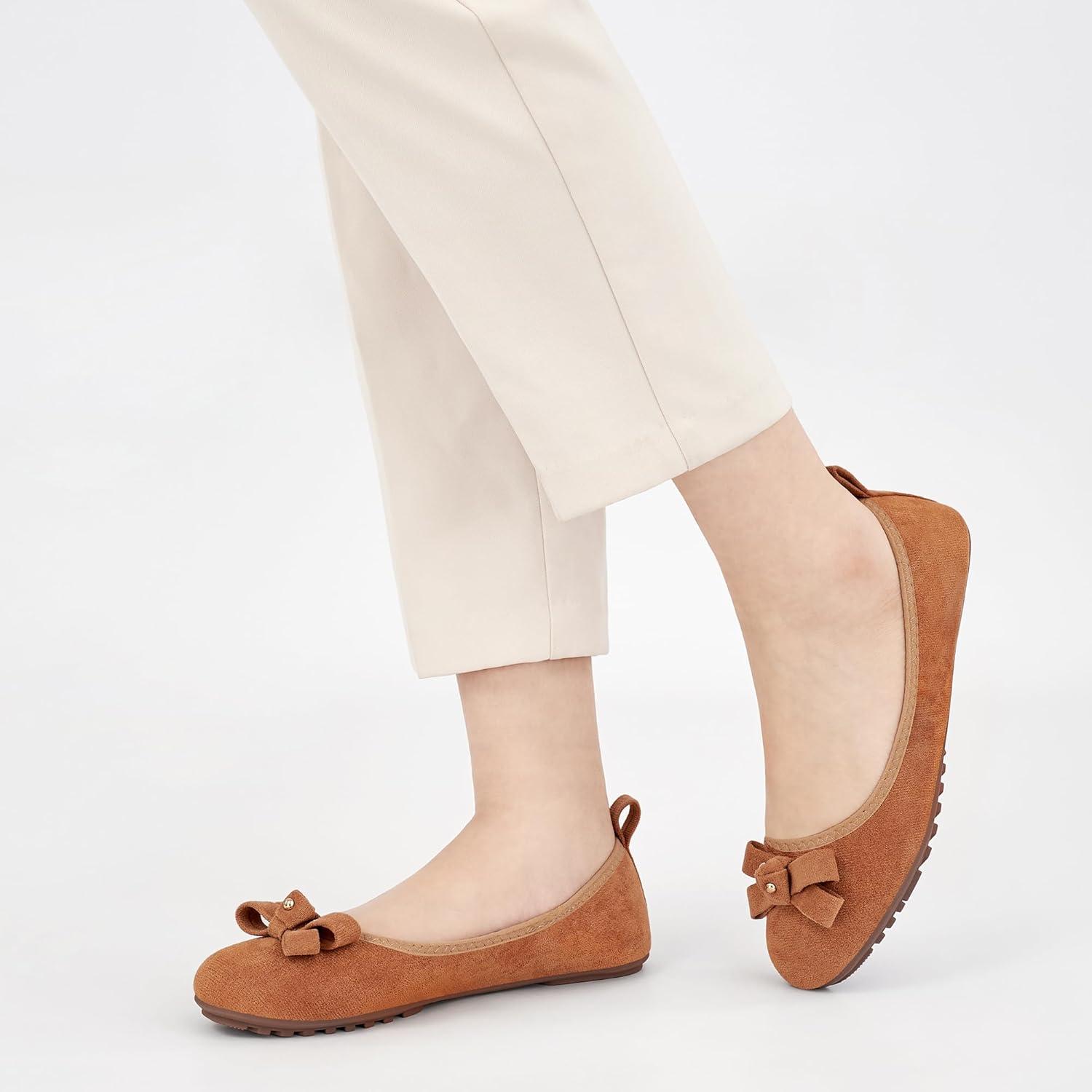 imageEcetana Womens Ballet Flats Shoes 2025 Dressy Round Toe Foldable Flats Bow Comfortable Faux Suede Slip on LoafersBrown