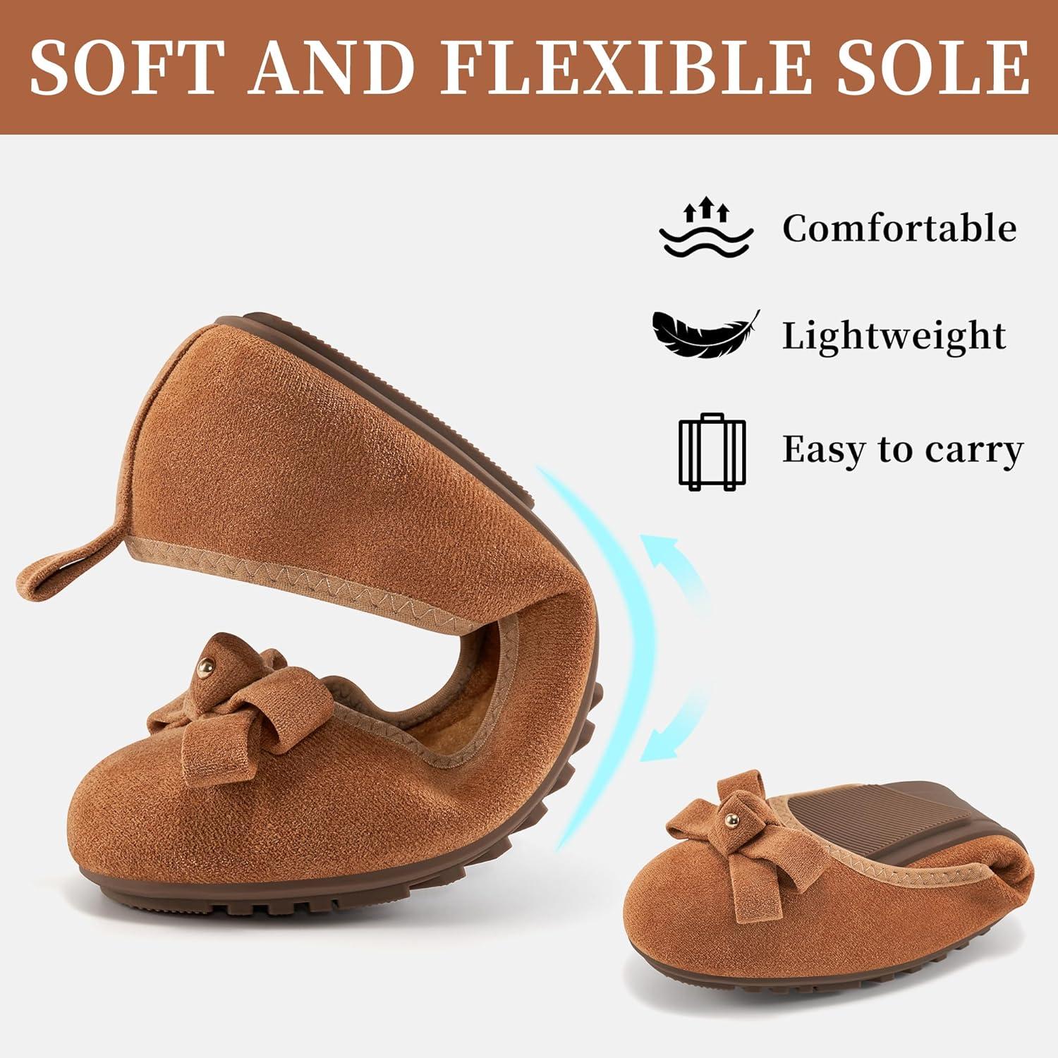 imageEcetana Womens Ballet Flats Shoes 2025 Dressy Round Toe Foldable Flats Bow Comfortable Faux Suede Slip on LoafersBrown