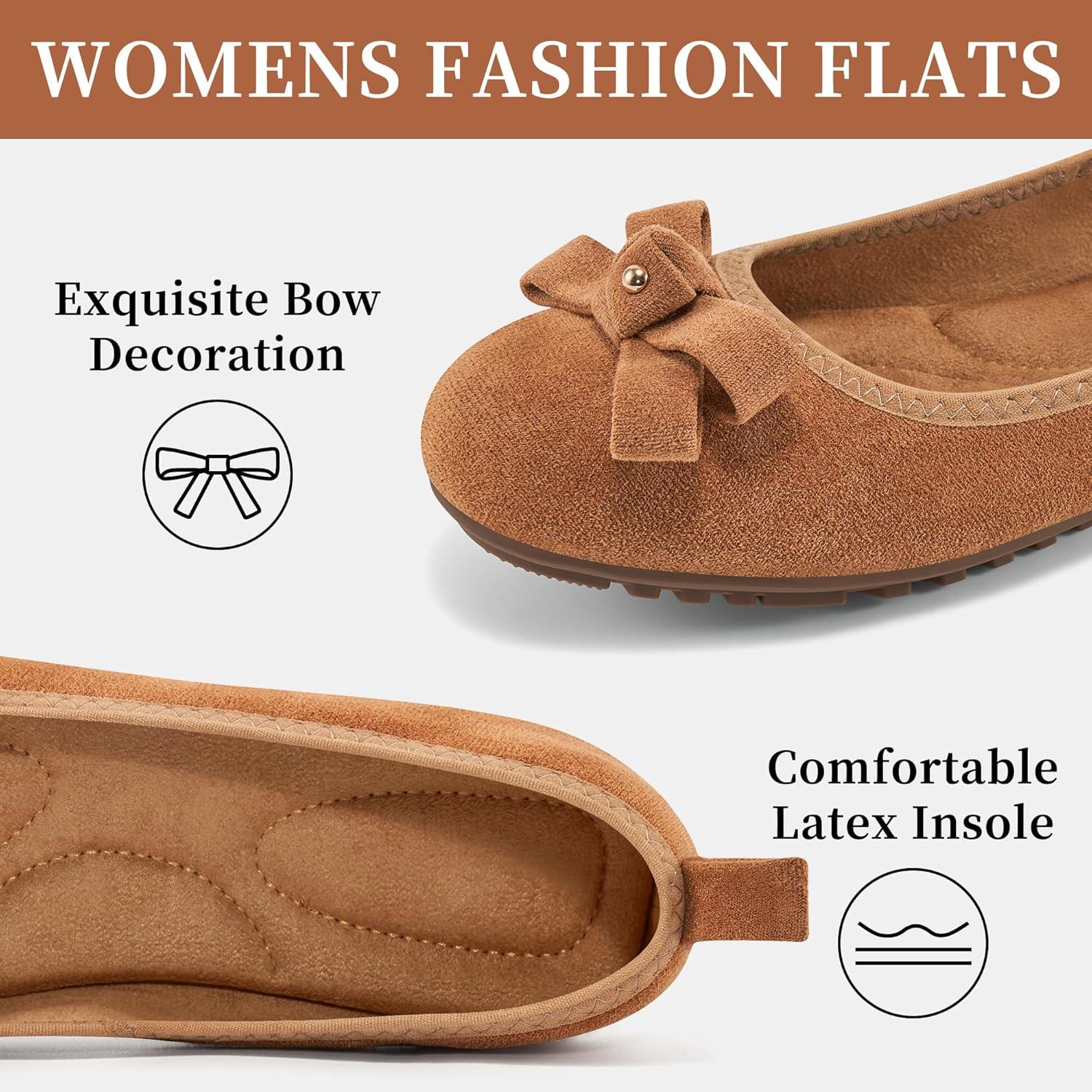 imageEcetana Womens Ballet Flats Shoes 2025 Dressy Round Toe Foldable Flats Bow Comfortable Faux Suede Slip on LoafersBrown