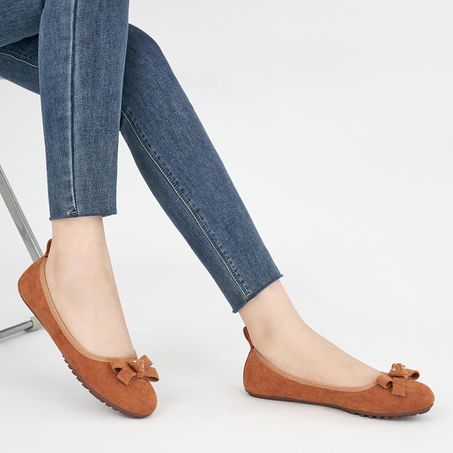 imageEcetana Womens Ballet Flats Shoes 2025 Dressy Round Toe Foldable Flats Bow Comfortable Faux Suede Slip on LoafersBrown