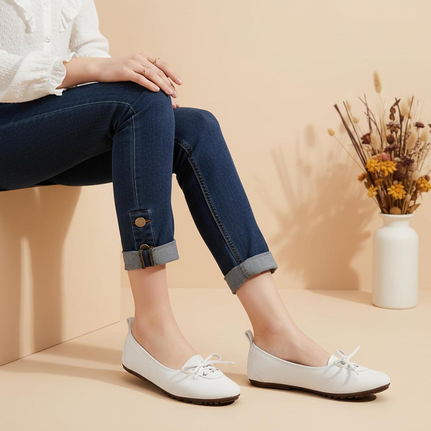 imageEcetana Womens Flats Ballet Shoes Round Toe Dressy Comfortable Slip On Foldable Lace Up Loafers 2025 White
