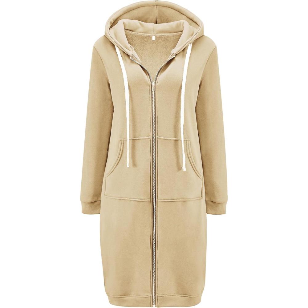 imageDUOYANGJIASHA Womens Hoodies 2025 Zip Up Sweatshirts Oversized Fashion Long Hooded Fall Winter Fleece Jackets with PocketsApricot