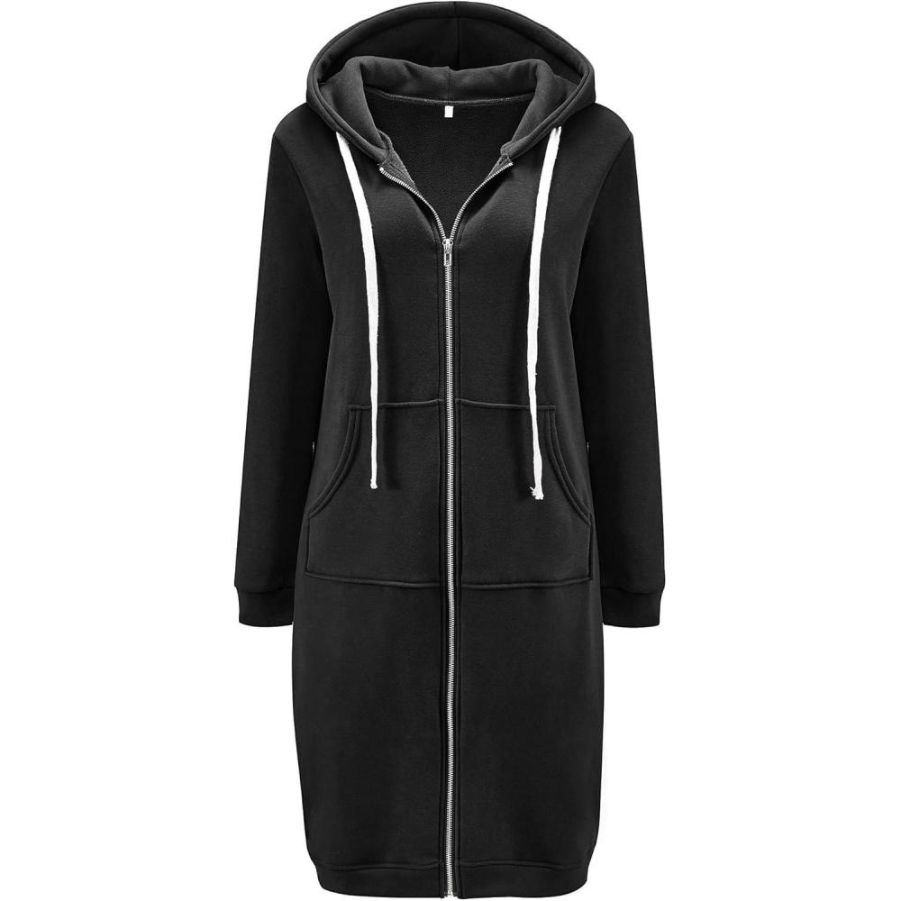 imageDUOYANGJIASHA Womens Hoodies 2025 Zip Up Sweatshirts Oversized Fashion Long Hooded Fall Winter Fleece Jackets with PocketsBlack