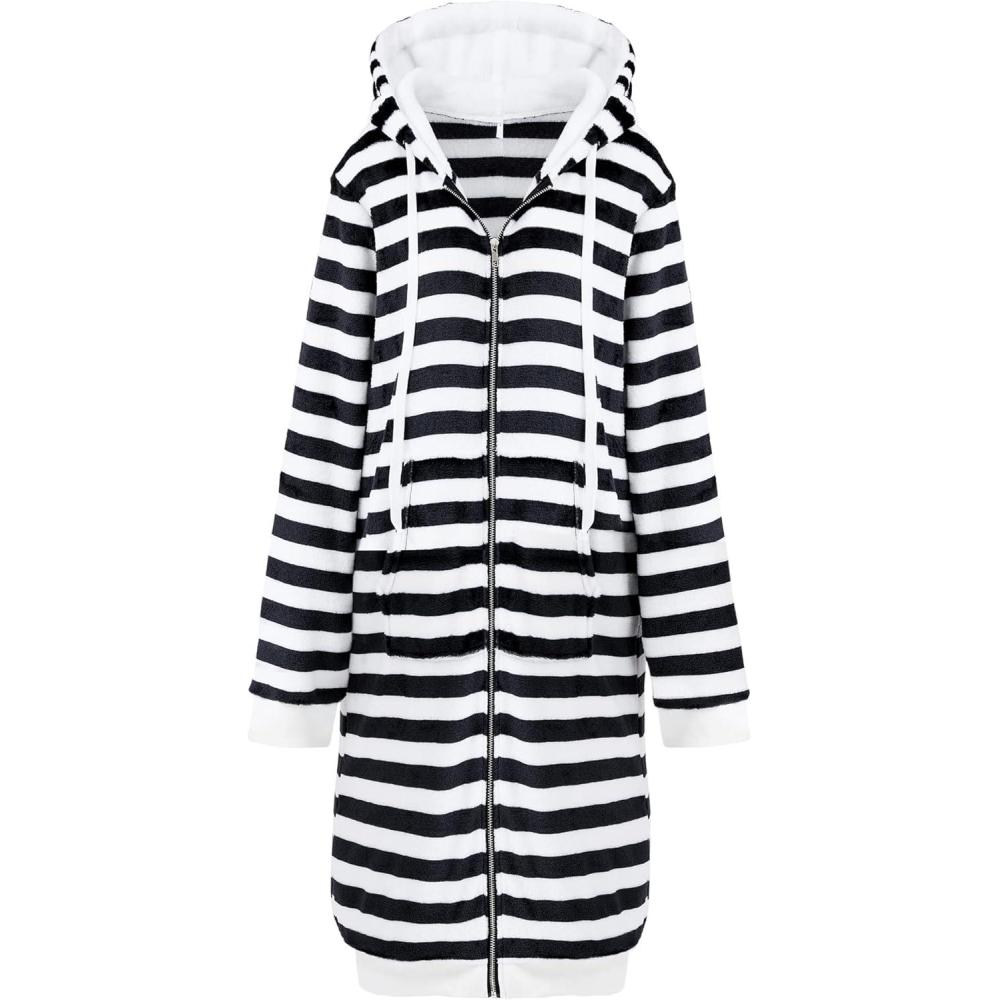 imageDUOYANGJIASHA Womens Hoodies 2025 Zip Up Sweatshirts Oversized Fashion Long Hooded Fall Winter Fleece Jackets with PocketsBlack White
