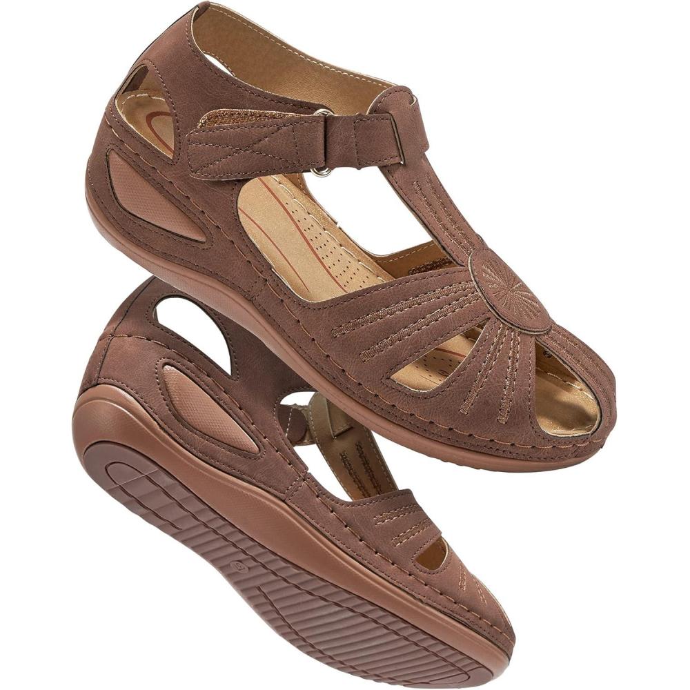 imageDUOYANGJIASHA Womens Sandals Dressy Summer Beach Bohemia Ankle Strap Causal Comfortable Closed Toe Wedge Shoes for OutdoorBrown
