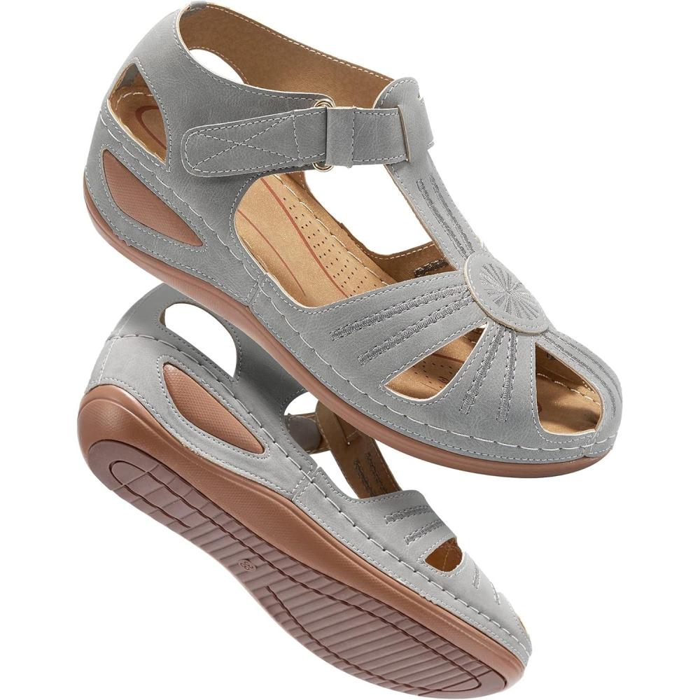 imageDUOYANGJIASHA Womens Sandals Dressy Summer Beach Bohemia Ankle Strap Causal Comfortable Closed Toe Wedge Shoes for OutdoorGrey