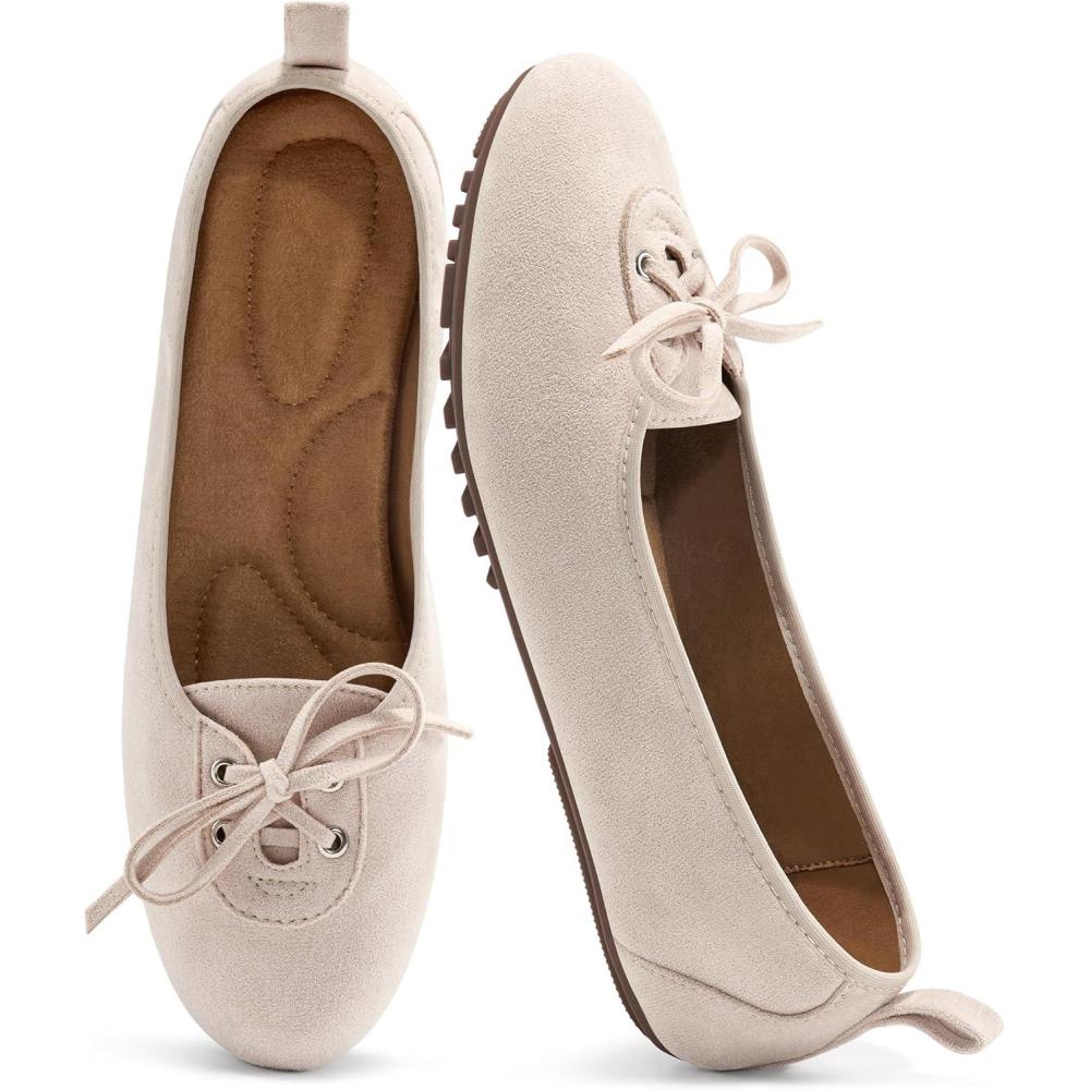 imageEcetana Womens Flats Ballet Shoes Round Toe Dressy Comfortable Slip On Foldable Lace Up Loafers 2025 Beige