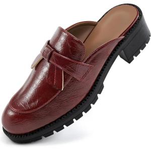 Ecetana Mules for Women Dressy Comfortable Slip on Chunky Backless Loafers Casual Slides Shoes for Business Fashion(Winered)