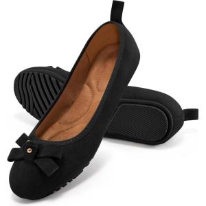Ecetana Womens Ballet Flats Shoes: 2025 Dressy Round Toe Foldable Flats Bow Comfortable Faux Suede Slip on Loafers(Black)