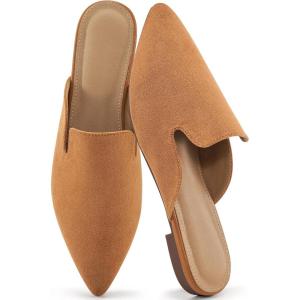 Ecetana Womens Mules Flats Pointed Toe Dressy Slip On Work Shoes for Business Comfortable Casual Slides Backless Loafers(Brown)