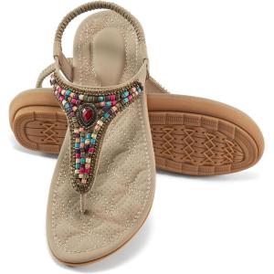 Ecetana Womens Sandals Dressy Flat with Bohemian Beaded Comfortable Casual Summer Slip On Ankle Elastic Thong Shoes(Apricot)