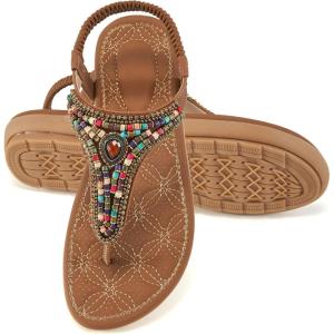 Ecetana Womens Sandals Dressy Flat with Bohemian Beaded Comfortable Casual Summer Slip On Ankle Elastic Thong Shoes(Brown)
