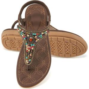 Ecetana Womens Sandals Dressy Flat with Bohemian Beaded Comfortable Casual Summer Slip On Ankle Elastic Thong Shoes(Coffee)