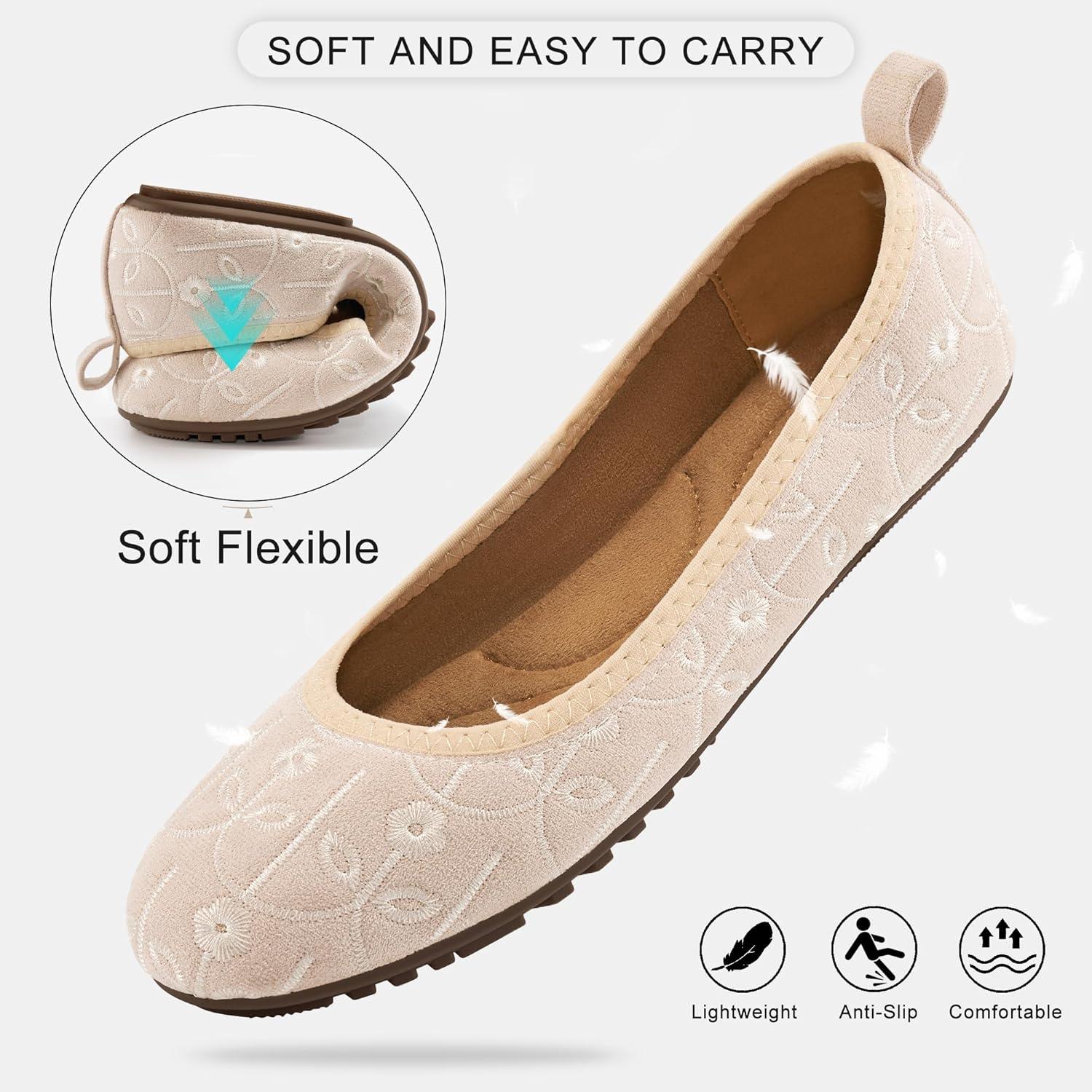 imageEcetana Ballet Flats Shoes for Women Dressy Casual Foldable Flats Comfortable Round Toe Slip On LoafersBeige
