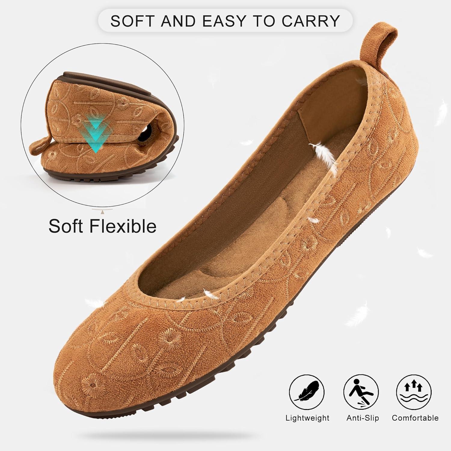imageEcetana Ballet Flats Shoes for Women Dressy Casual Foldable Flats Comfortable Round Toe Slip On LoafersBrown