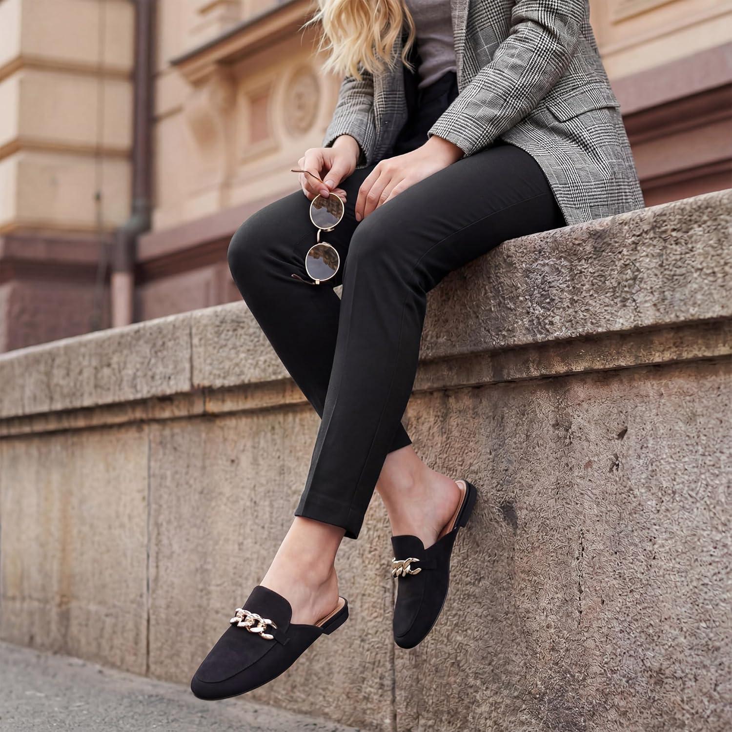 imageEcetana Women Mules Flats Shoes Comfortable Closed Toe Slip on Suede Buckle Slides 2025 Business Casual Dress Backless LoafersBlack