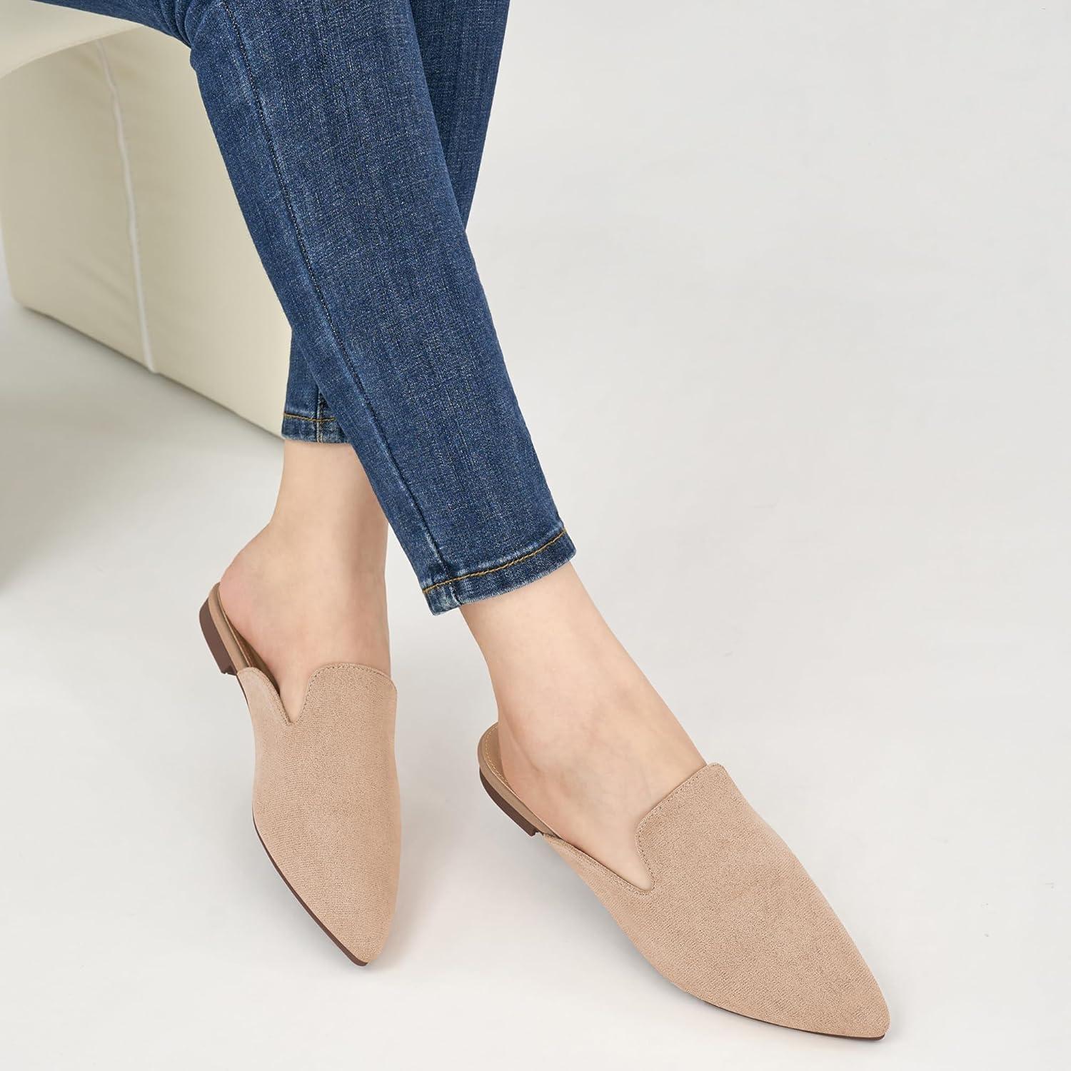 imageEcetana Womens Mules Flats Pointed Toe Dressy Slip On Work Shoes for Business Comfortable Casual Slides Backless LoafersApricot