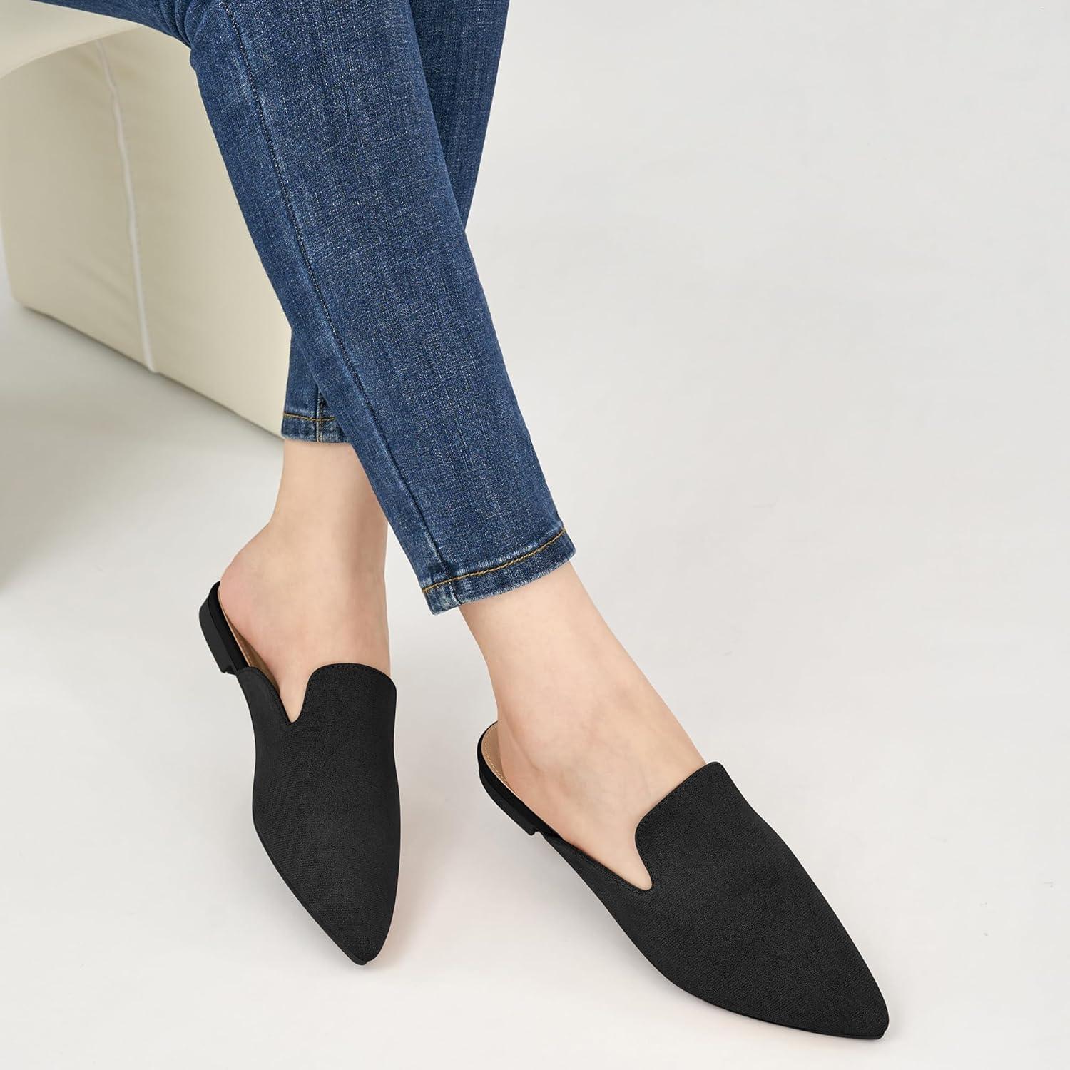 imageEcetana Womens Mules Flats Pointed Toe Dressy Slip On Work Shoes for Business Comfortable Casual Slides Backless LoafersBlack