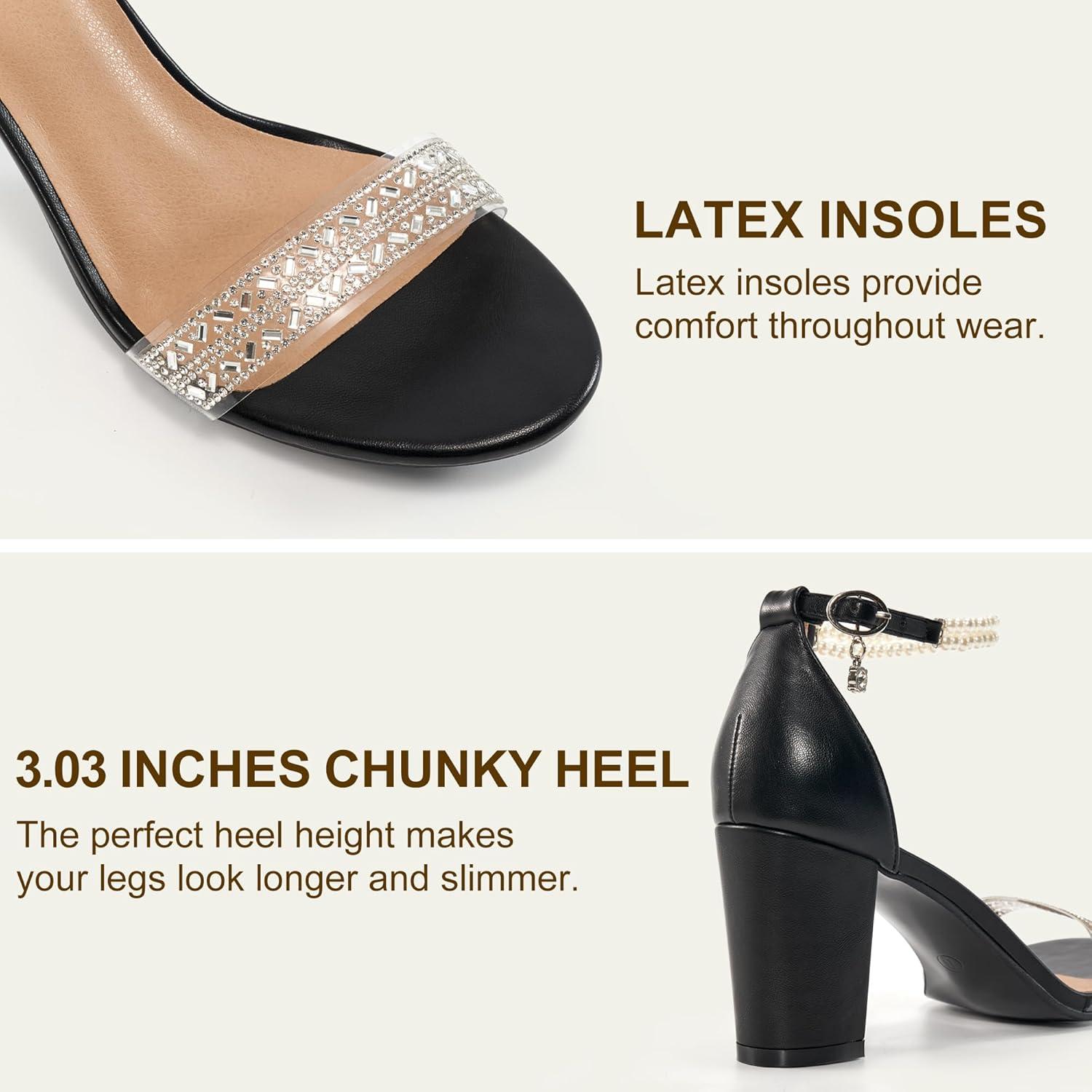 imageEcetana Womens Sandals High Heels Open Toe Rhinestone Pearl Block Chunky Heeled Ankle Strap Dressy Sexy Shoes for Wedding PartyBlack