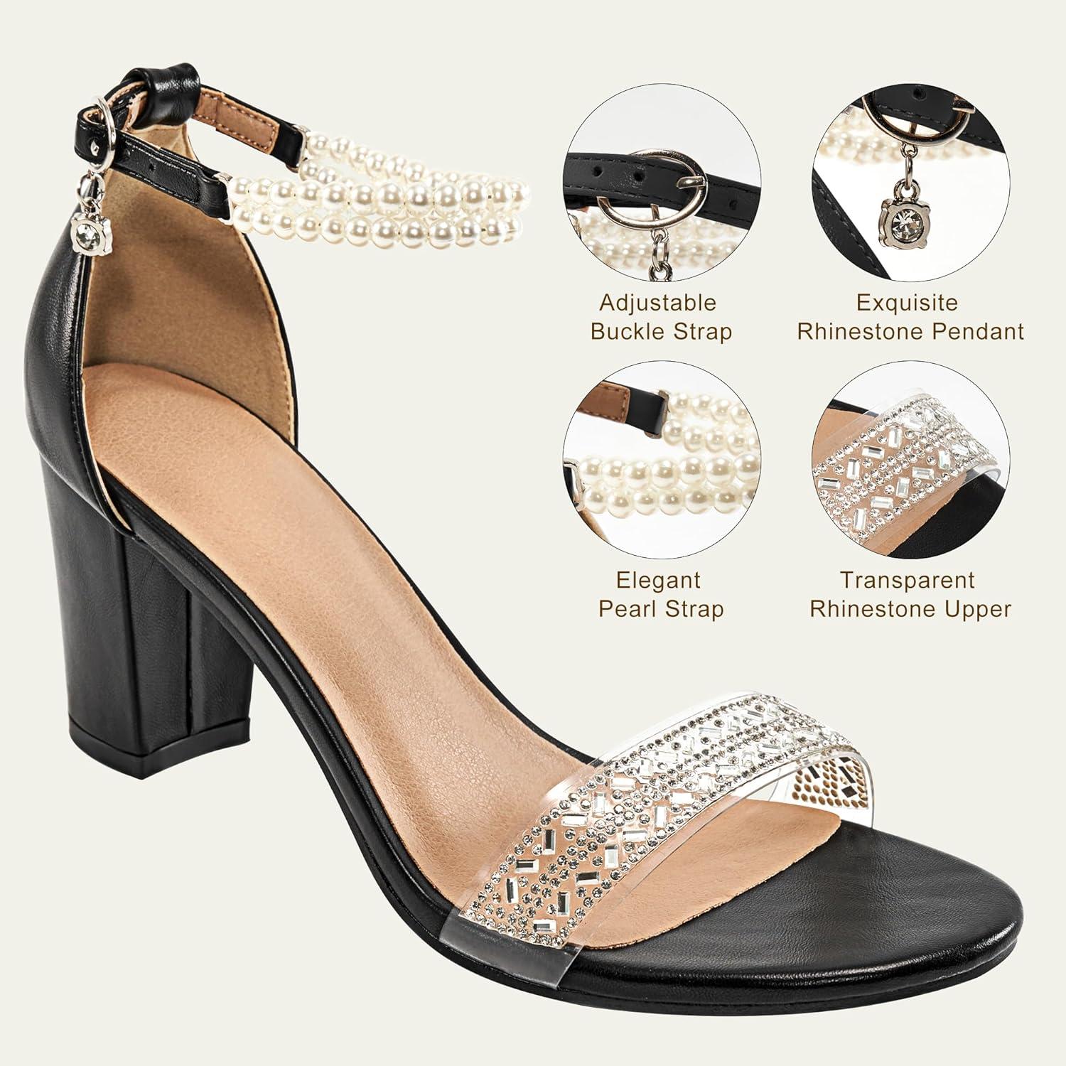 imageEcetana Womens Sandals High Heels Open Toe Rhinestone Pearl Block Chunky Heeled Ankle Strap Dressy Sexy Shoes for Wedding PartyBlack