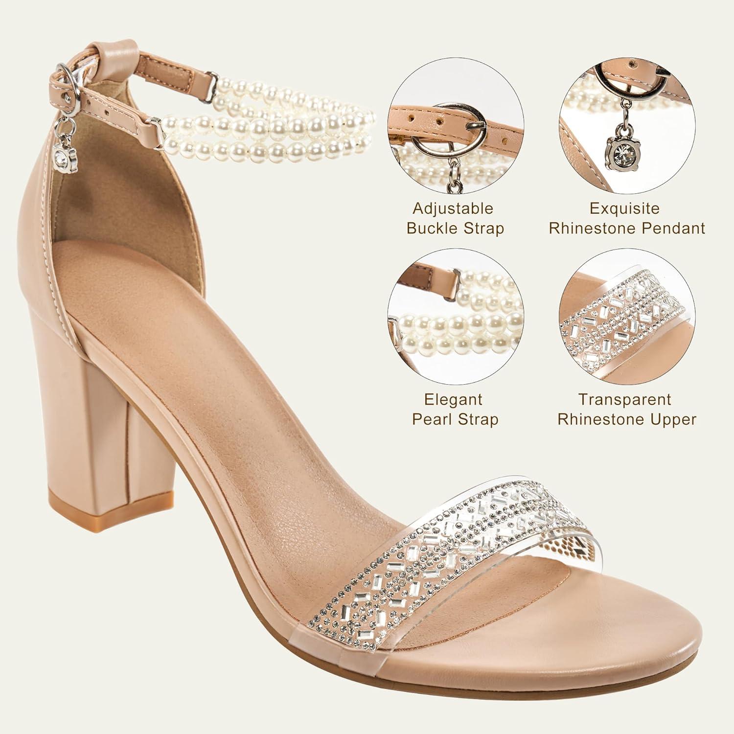 imageEcetana Womens Sandals High Heels Open Toe Rhinestone Pearl Block Chunky Heeled Ankle Strap Dressy Sexy Shoes for Wedding PartyNude