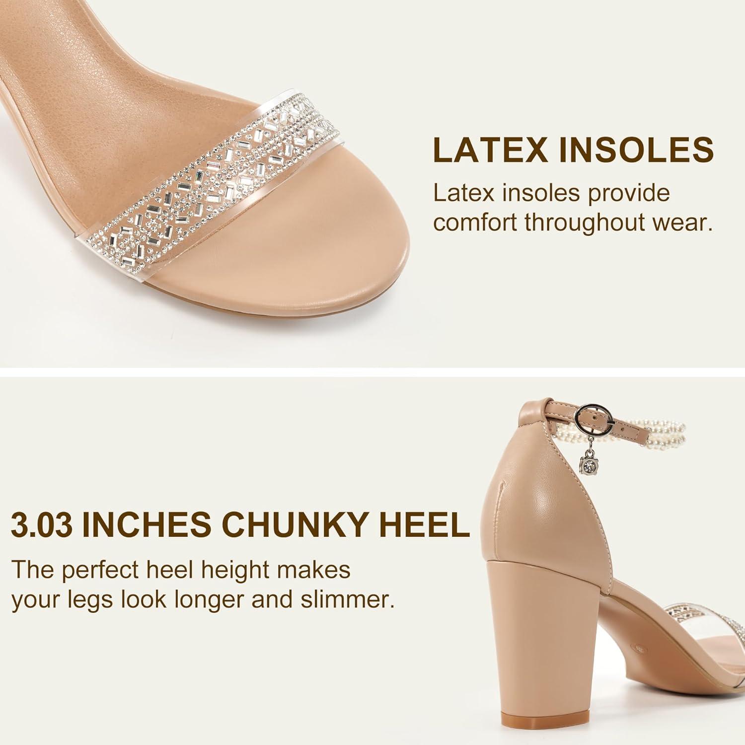 imageEcetana Womens Sandals High Heels Open Toe Rhinestone Pearl Block Chunky Heeled Ankle Strap Dressy Sexy Shoes for Wedding PartyNude