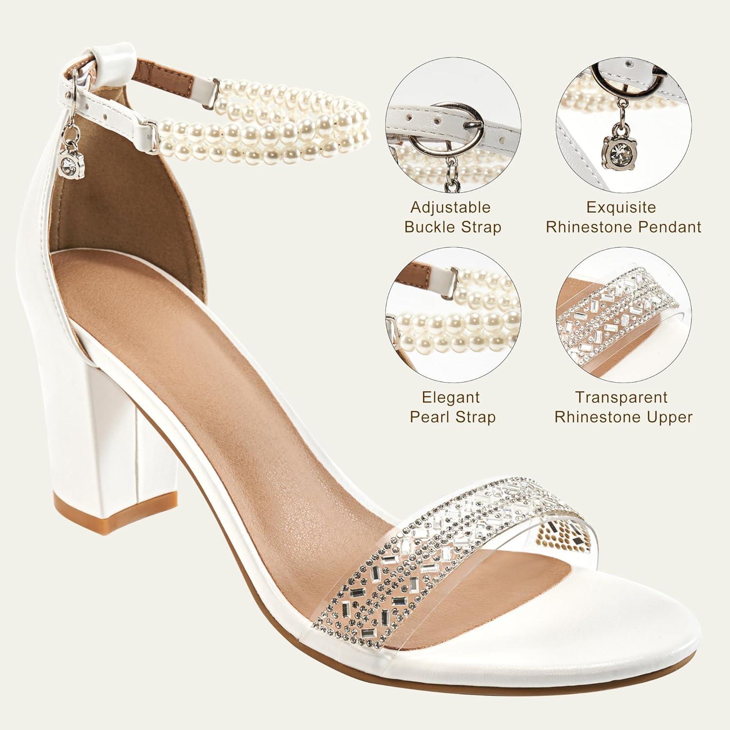 imageEcetana Womens Sandals High Heels Open Toe Rhinestone Pearl Block Chunky Heeled Ankle Strap Dressy Sexy Shoes for Wedding PartyWhite