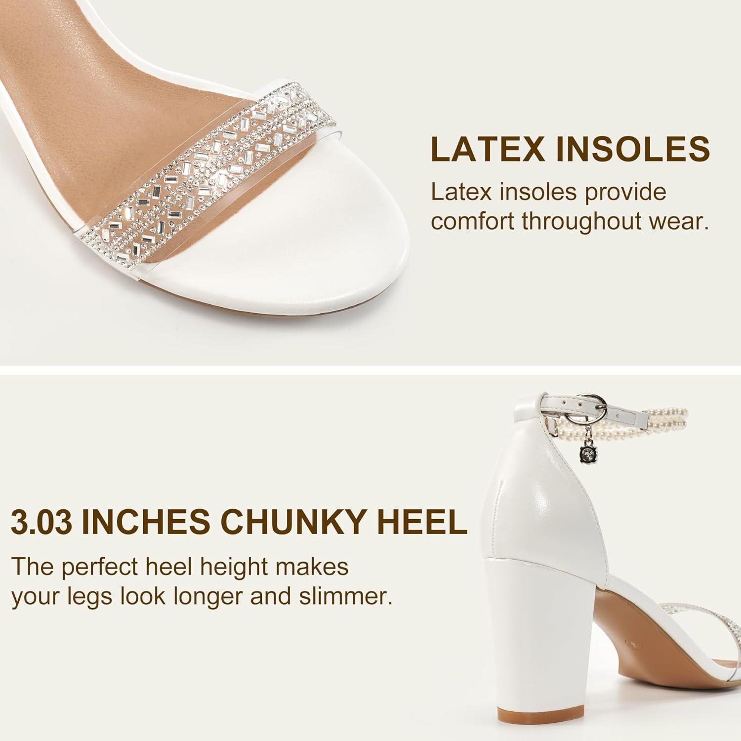 imageEcetana Womens Sandals High Heels Open Toe Rhinestone Pearl Block Chunky Heeled Ankle Strap Dressy Sexy Shoes for Wedding PartyWhite