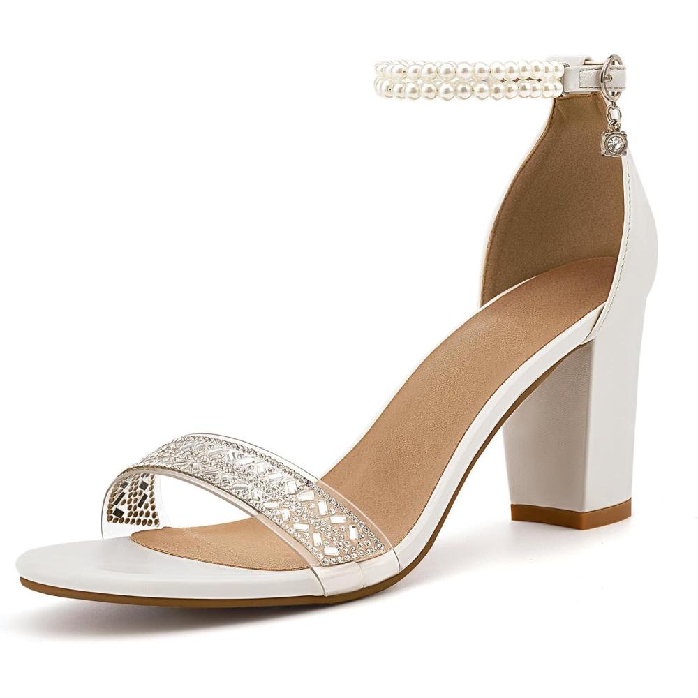 imageEcetana Womens Sandals High Heels Open Toe Rhinestone Pearl Block Chunky Heeled Ankle Strap Dressy Sexy Shoes for Wedding PartyWhite