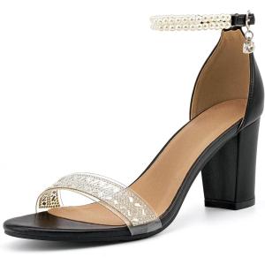 Ecetana Womens Sandals High Heels Open Toe Rhinestone Pearl Block Chunky Heeled Ankle Strap Dressy Sexy Shoes for Wedding Party(Black)