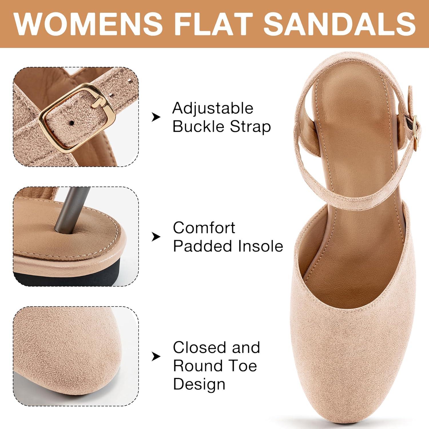 imageEcetana Womens Flats Sandals Dressy Summer Comfortable Casual Fashion Round Toe Slingback Shoes with Buckle Ankle Strap